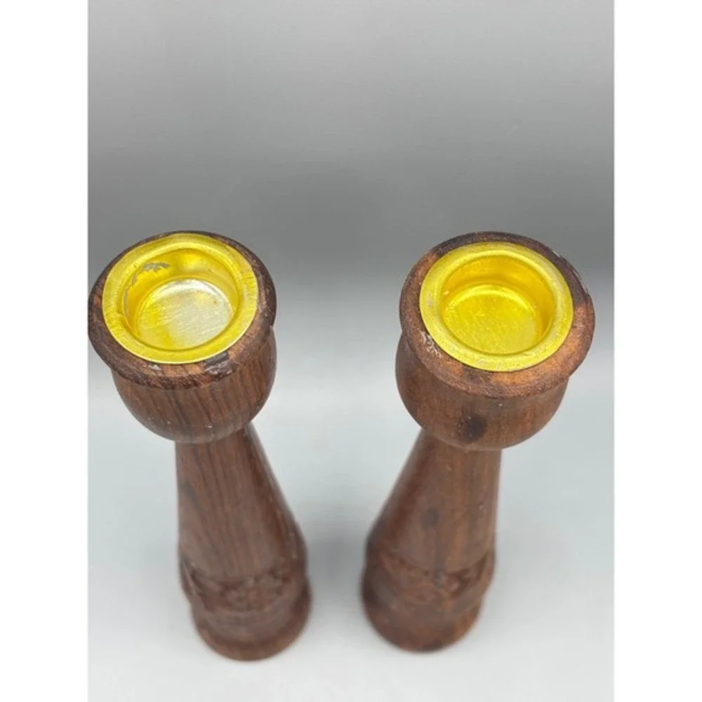 Vintage Carved Wooden Candlesticks Pair Floral Design Taper Boho‎